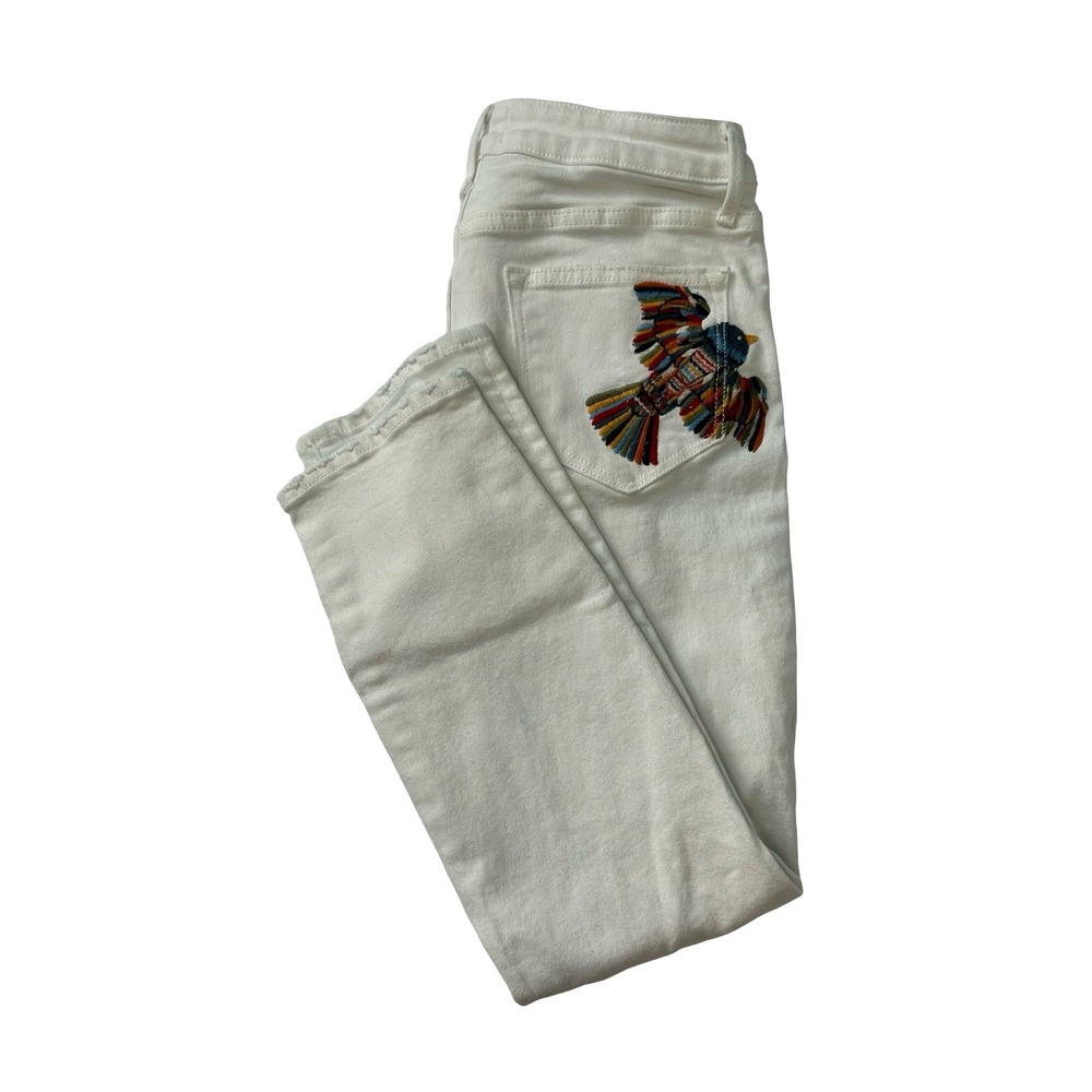 Driftwood Gizelle White Embroidered Bird Distressed Straight Leg Jeans Size 27